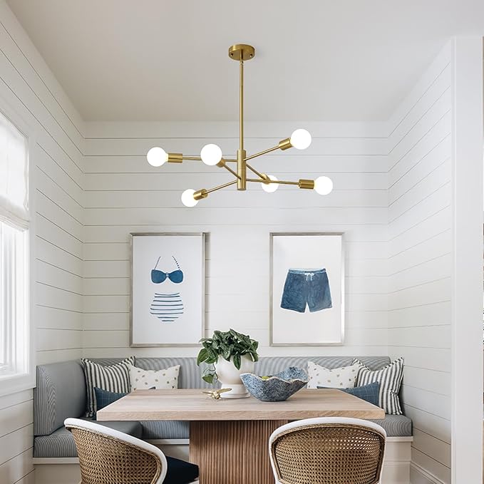 HHR Modern Chandelier Ceiling Light Fixture, 6-Light Brushed Gold Sputnik Chandelier for Kitchen Island Bedroom Living Room, 26-Inch Mid Century Dining Room Light Fixture Over Table, E26