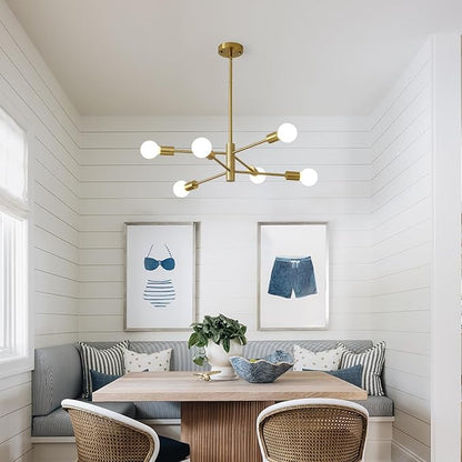 HHR Modern Chandelier Ceiling Light Fixture, 6-Light Brushed Gold Sputnik Chandelier for Kitchen Island Bedroom Living Room, 26-Inch Mid Century Dining Room Light Fixture Over Table, E26