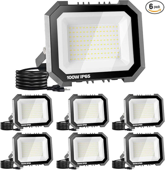 Leddictive 6 Pack LED Flood Lights Outdoor, 100W 10000LM Super Bright Floodlight Outside Work Light with 5.9FT Plug, IP65 Waterproof 6000K Outdoor LED Flood Light for Garage, Yard, Lawn, Garden