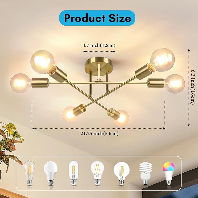Modern Sputnik Chandelier 6-Light Industrial Ceiling Lights Fixture 22" Gold Semi Flush Mount Ceiling Light with E26 Base Sputnik Lights Fixture for Dining Room Bedroom Foyer Hallway Living Room