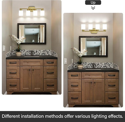 FonmYim Brushed Gold Bathroom Light Fixtures, 4-Light Modern Vanity Light Over Mirror, Wall Sconces with Milky White Frosted Glass Shades, E26 Socket (Bulbs Not Included)