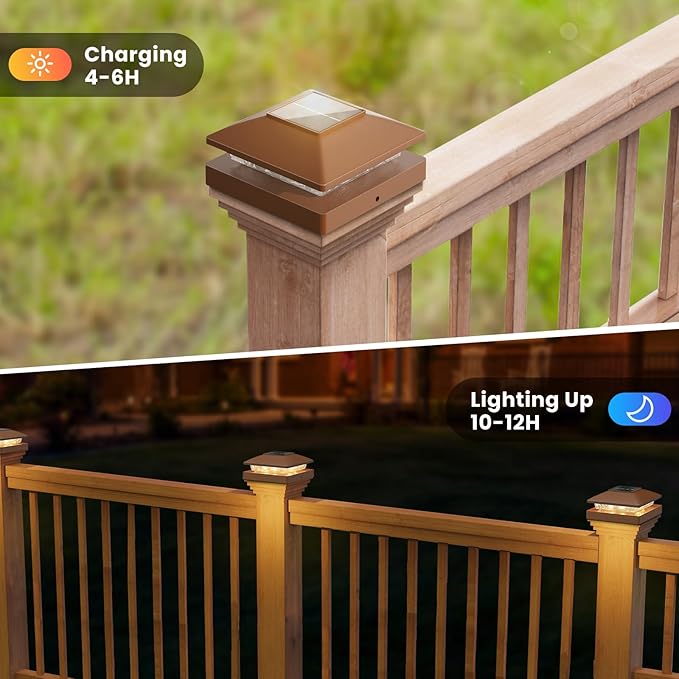 Solar Post Cap Lights Outdoor 8pack, Brown Waterproof Solar Powered Deck Fence Post Lights Fit 4x4 Wood/Vinyl Posts, Bright Warm White Solar Post Lights Decorate Deck, Patio, Porch, Fence