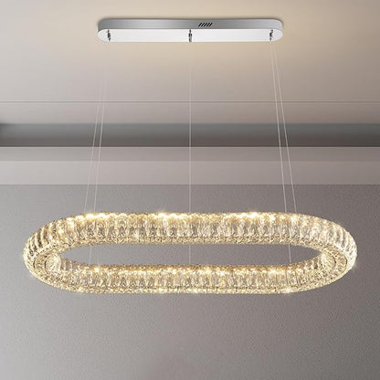 Crystal Ring Chandelier, 40'' Chrome Crystal Ring Pendant Light for Kitchen Island Modern Linear Oval Chandeliers for Dining Room Dimmable 3000K-6000K