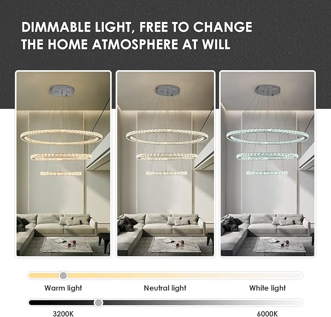 Siljoy LED Chandelier, Modern Ceiling Light Fixture with 3 Crystal Chandelier Lighting Rings, DIY & 3-Color Changing 3 Rings Adjustable Chandeliers for Living Room Dining Room Kitchen, D 12"-20"-28"