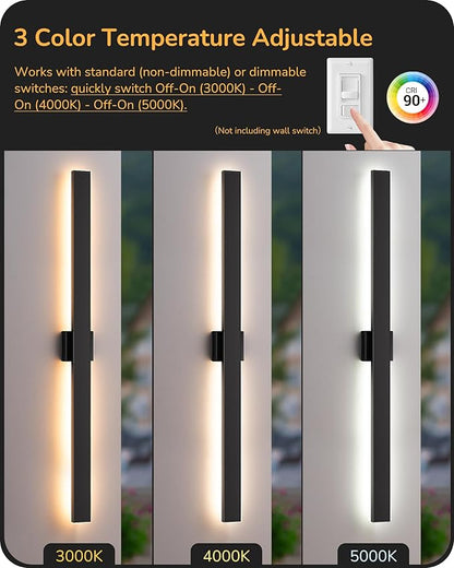 EDISHINE 47.2" LED Outdoor Wall Lights, 3CCT & 10%-100% Dimmable, IP65 Waterproof, Modern Exterior Lighting Fixtures, Linear Long Exterior Wall Light for House, Yard, 2 Pack, Black
