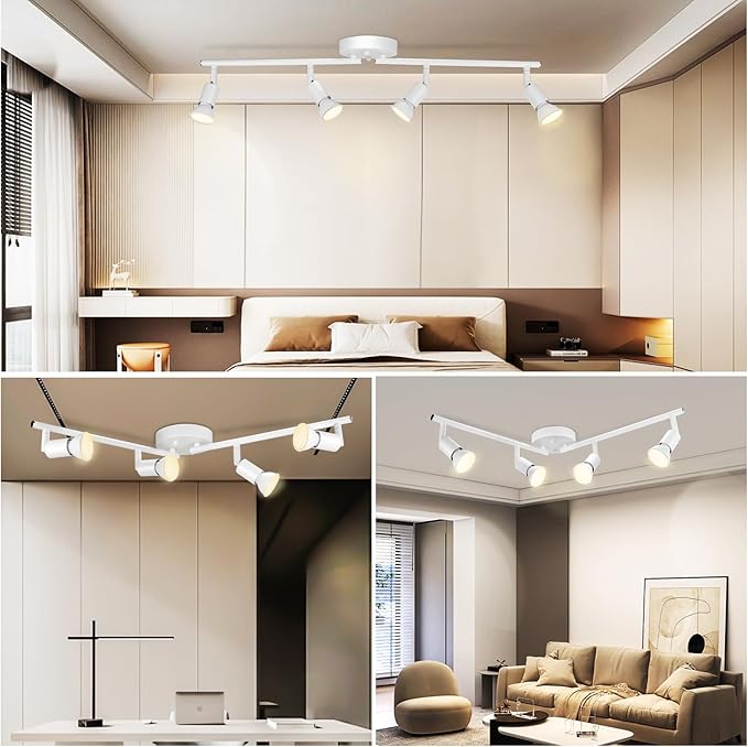4 Light Track Lighting Fixture, GU10 Rotatable Heads, Matte White, Bulbs Not Included, Perfect for Kitchen, Office, Laundry, Dining Room