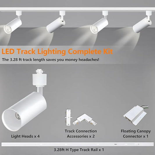 White GU10 LED Track Lighting Kit, GU10 Track Light Heads with 3.28FT H Track Light Rail 4PCS Ceiling Spotlight Fixture for Home and Shop, No Bulbs