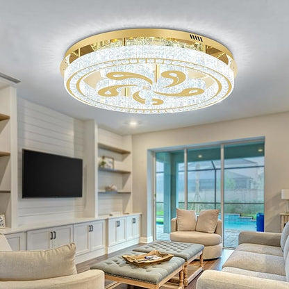 Modern Crystal Chandeliers for Dining Room Flush Mount Ceiling Chandelier for Living Room Dining Room Ring LED Crystal Ceiling Light (Round,32in Gold,Dimmable 2700K-6500K)