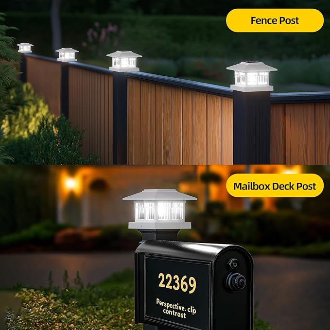 EXCMARK 4x4 Solar Post Cap Lights, 4 Pack Fence Deck Post Lights Outdoor Solar Powered Waterproof with Two Light Modes Warm&Cool White for Garden Patio Decor. (Classic White, 4)
