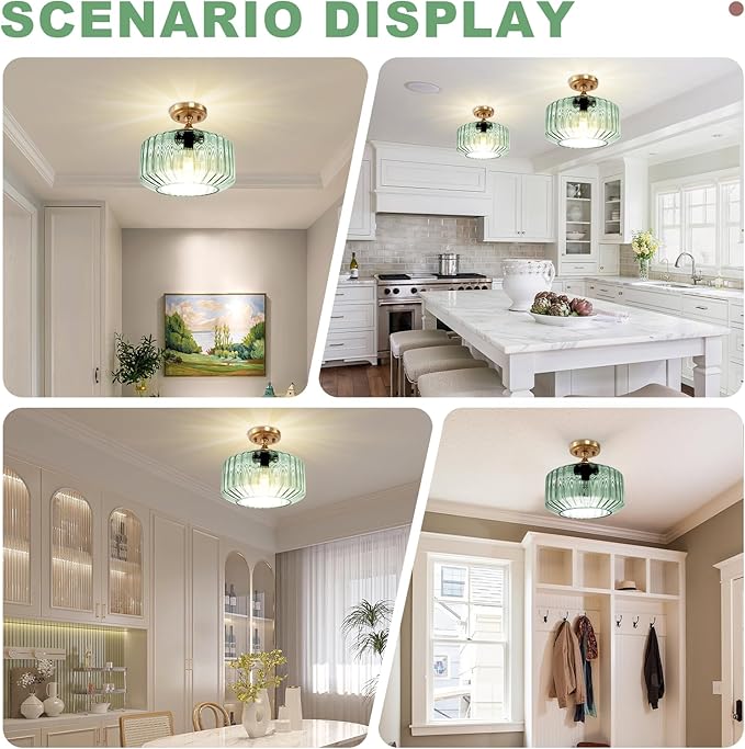 Vintage Thickened Glass Flush Mount Ceiling Light - 2 Pack Mint Green Semi Flush Mount Light Fixture Gold Chandelier Closet Light for Cottage Porch Corridor Bedroom