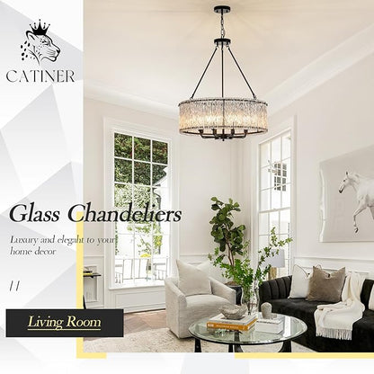 CATINER Modern Drum Chandelier 24.4" Black Crystal Glass Chandeliers 8-Light Luxury Ceiling Pendant Lighting Fixture for Dining Room Foyer Living Room Bedroom