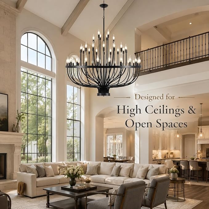 Shandaglo Large Chandelier for High Ceilings, 48-Light Black Wagon Wheel Chandelier, 47.2 Inch 3-Tier Extra Farmhouse Dining Room Light Fixture for Foyer, Living Room, Entryway