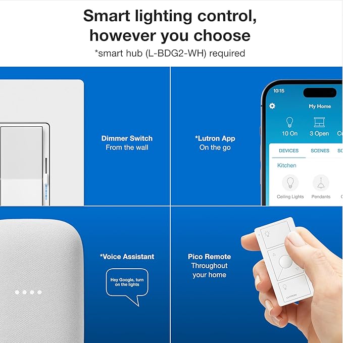 Lutron Deluxe Diva Smart Dimmer Kit for Caseta Lighting w/ Hub and Pico Remote, and Pedestal, 1 Wallplate, Smart Dimmer Works with Apple Home, Ring, Google Home, 3 Way