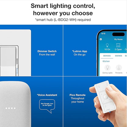 Lutron Deluxe Diva Smart Dimmer Kit for Caseta Lighting w/ Hub and Pico Remote, and Pedestal, 1 Wallplate, Smart Dimmer Works with Apple Home, Ring, Google Home, 3 Way