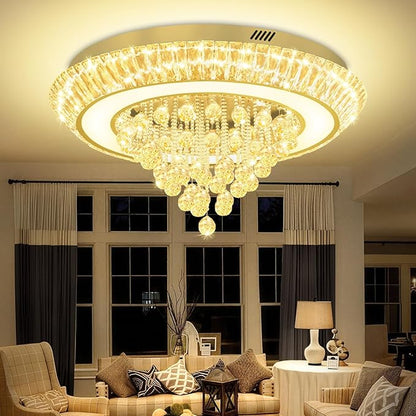 Modern LED Crystal Chandelier, Large Round Raindrop Chandelier for Living Dining Room 32in Gold Flush Mount Ceiling Light Kitchen Island Bar