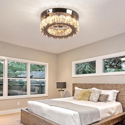 Dimmable LED Crystal Ceiling Light with Remote Mini Round LED Crystal Chandeliers Modern Flush Mount Ceiling Light Fixture Hallway Light Bedroom Bathroom Kitchen Office