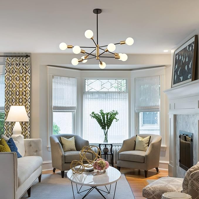 Sputnik Chandeliers Modern Black and Gold Chandeliers 10-Light Mid Century Farmhouse Chandelier Ceiling Light Fixture Height Adustable Pendant Light for Kitchen Island Living Room Dining Room