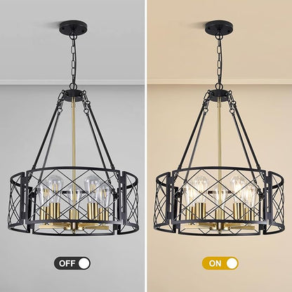 21'' Farmhouse Chandelier, 5-Light Black and Gold Dining Room Light Fixture Over Table, Rustic Industrial Drum Hanging Pendant Lights Fixture for Kitchen Island Living Room Bedroom Hallway Entryway