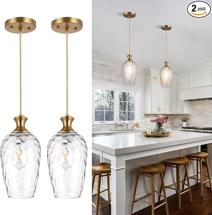 2 Pack Glass Pendant Lights Kitchen Island Gold Vintage Pendant Light Hand-Blown Hammered Clear Glass Hanging Light Fixtures E26 Brass Pendant Light for Kitchen Sink Dining Room