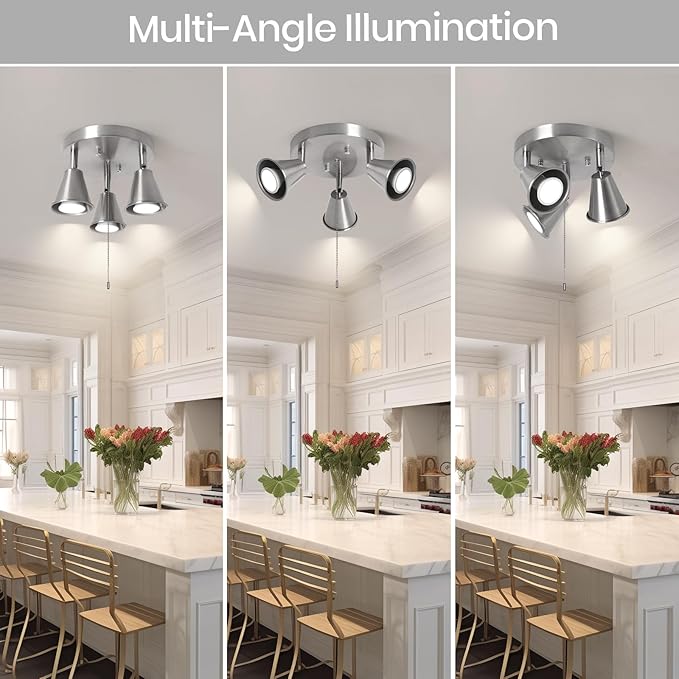 3-Light Industrial Directional Track Lighting with Pull Chain On/Off, Adjustable Round Ceiling Spotlight, Morden Nickel Flush Mount Kitchen Light for Hallway,Dining Room,Gu10 Bulbs Included