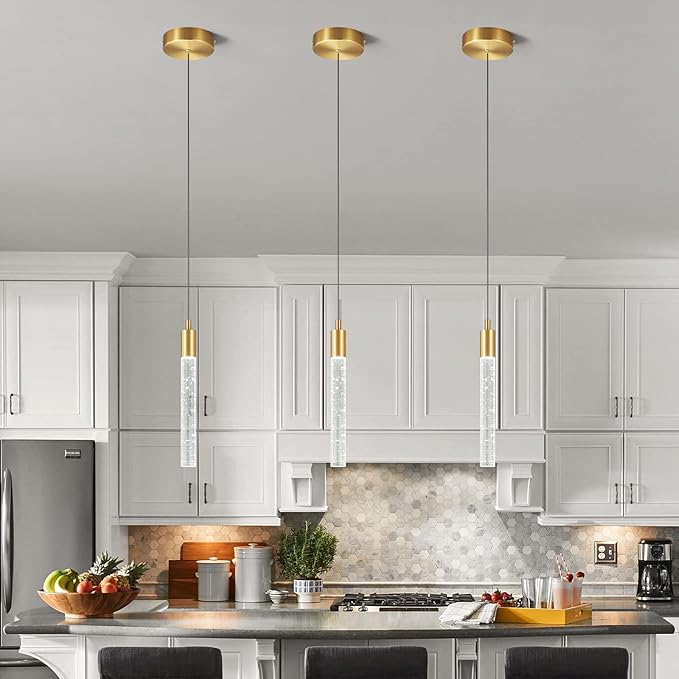 Modern Kitchen Island Pendant Light Dimmable LED Gold Brass Finish Mini Crystal Pendant Lighting Bedroom Bedside Table Small Pendant Lights（2-Pack ）