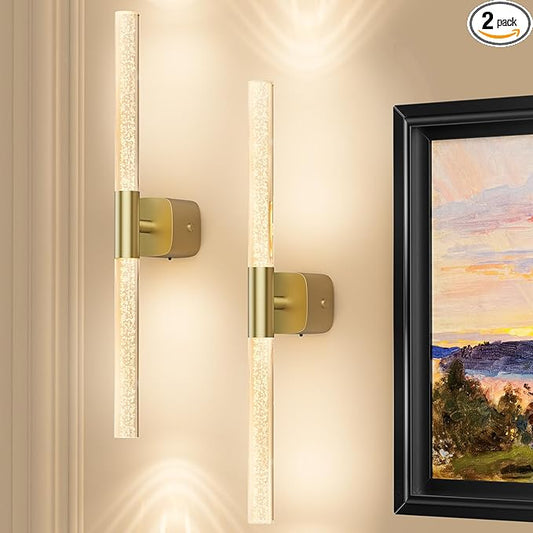Battery Operated Wall Sconce Set of 2 Brushed Gold 12000mAh Rechargeable Wall Light with Crystal Acrylic 24" Wireless CCT Dimmable 350°Rotate Remote Wall Lamp for Bedroom Living Room