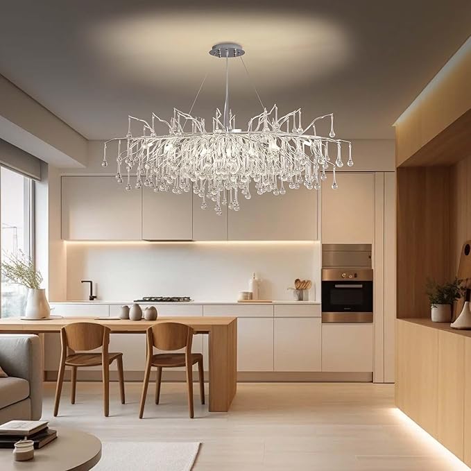 Modern Crystal Raindrop Chandelier, L40'' Silver Linear Rectangle Art Deco Tree Branch Lighting Fixture for Kitchen Island Living Room Foyer Staircase 10 Lights