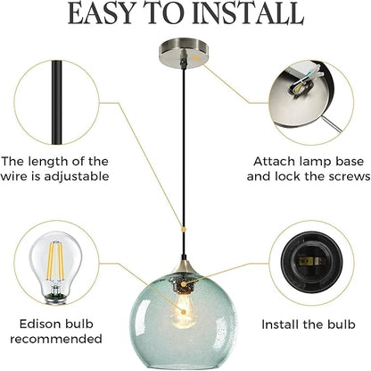 Large Light Green Glass Pendant Light for Kitchen Island, Includes 1 Bulb & 4.92FT Adjustable Cord, Modern Ceiling Pendant Lights for Kitchen, Dining Room, Living Room (9.1in)