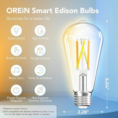 OREiN Smart Edison Light Bulbs with Smart Button, WiFi ST19(58) Vintage Light Bulbs E26 Base, 800lm Dimmable 2700K-6500K Tunable White, Smart Filament Bulb That Work with Alexa, 60W Equivalent, 6Pack
