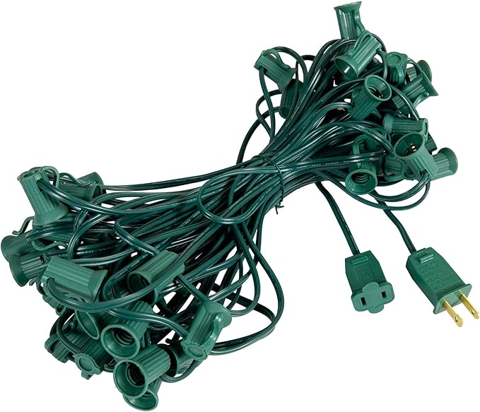 Novelty Lights 50 Foot String Light Set - Indoor/Outdoor Stringer Set for Christmas, Wedding Decor, Patios, & More - C7/E12 Intermediate Base (Green Wire, 12" Spacing)
