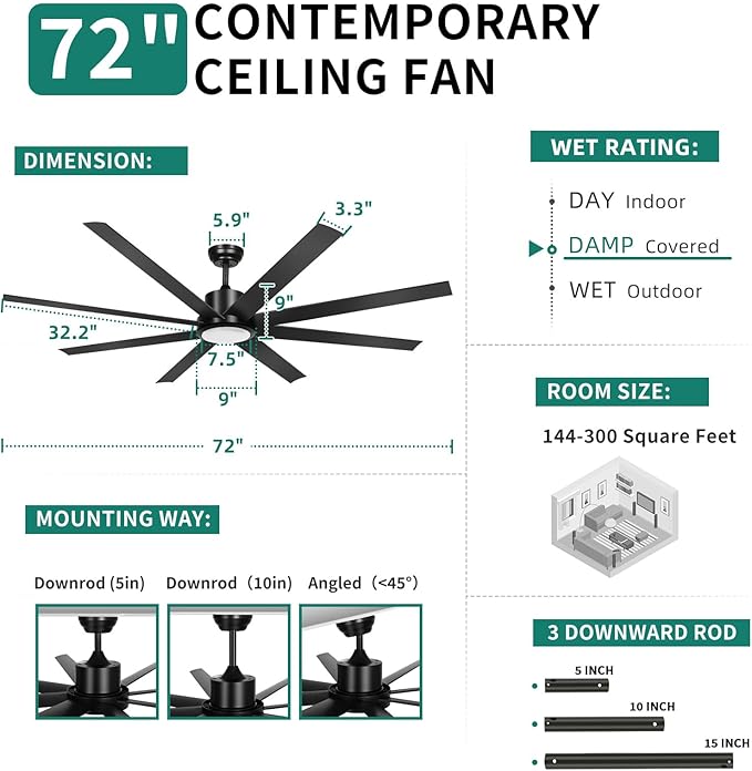 YITAHOME 72 Inch Ceiling Fans with Lights and Remote Control for Home, Reversible Quiet DC Motor, 8 Blades with 6 Speed, Modern Black Ceiling Fans for Living Room