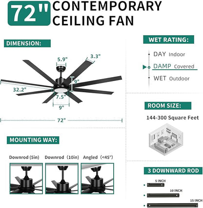 YITAHOME 72 Inch Ceiling Fans with Lights and Remote Control for Home, Reversible Quiet DC Motor, 8 Blades with 6 Speed, Modern Black Ceiling Fans for Living Room