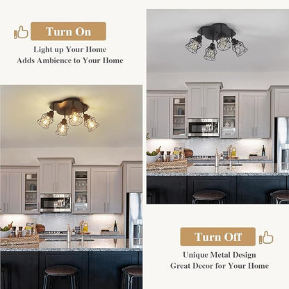 4-Lights Kitchen Light Fixtures Ceiling Mount, Adjustable Multi-Directional Black Flush Mount Ceiling Light Fixture, Vintage Metal Cage Farmhouse Lamp for Hallway, Dining Room, Farmhouse, Entryway