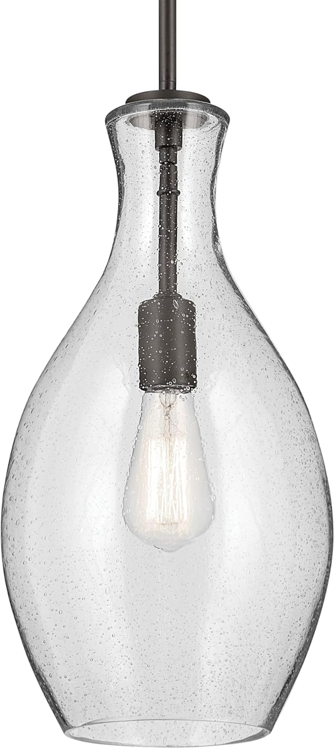 Kichler Everly 1-Light Bell Pendant Light Fixture with Clear Seeded Glass in Olde Bronze for Kitchen Island, Dining Room, or Home Bar (17.75" x 8.75"), 42047OZCS