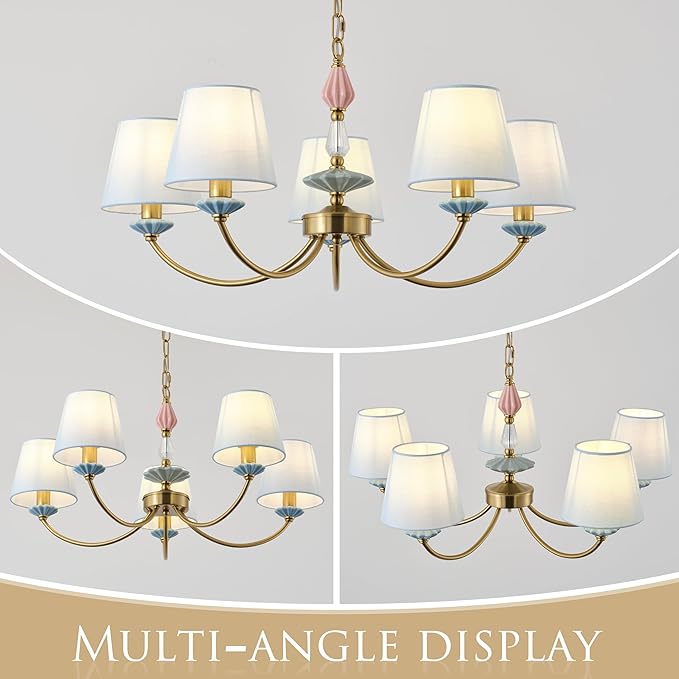 Blue Chandelier for Bedroom Light Fixture, Brushed Gold Art Deco Chandelier with Fabric Shade,Antique Modern Chandeliers paired with Ceramic for Girls Bedroom，Living Room，Dining Room
