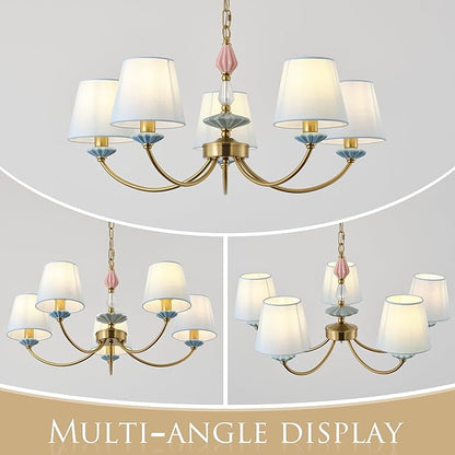 Blue Chandelier for Bedroom Light Fixture, Brushed Gold Art Deco Chandelier with Fabric Shade,Antique Modern Chandeliers paired with Ceramic for Girls Bedroom，Living Room，Dining Room