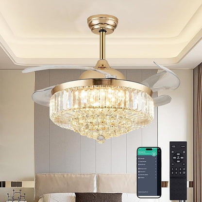 DuMaiWay 36" Dimmable Crystal Ceiling Fan with Light, Fandelier,Chandelier Fan with 4 Retractable Blades LED Remote APP Control for Living Room, Bedroom, Dining Room 6 Speed-Gold