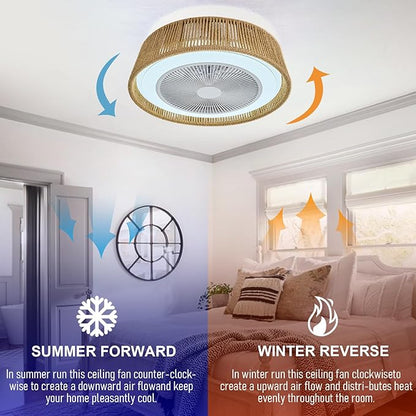 21.5" Boho Caged Ceiling Fan with Lights Farmhouse Rattan Flush Mount Fandlier Light Hanwoven Paper Rope Fan Chandelier with Remote Reversible for Bedroom Dining Study Living Room Kitchen Entry