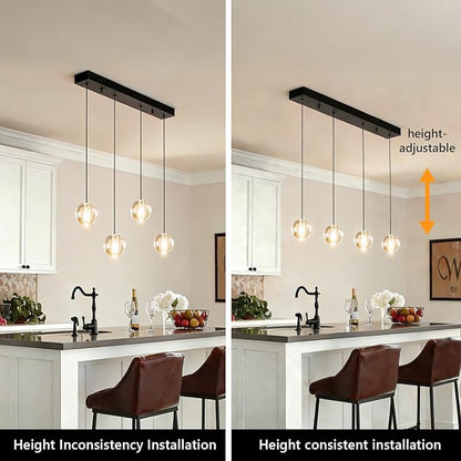 Black Modern 4 Lights Bubble Light Chandelier for Dining Room, Crystal Globe Kitchen Hanging Pendant Light, Rectangular Chandeliers Over Table for Kitchen Island Hallway Bedroom