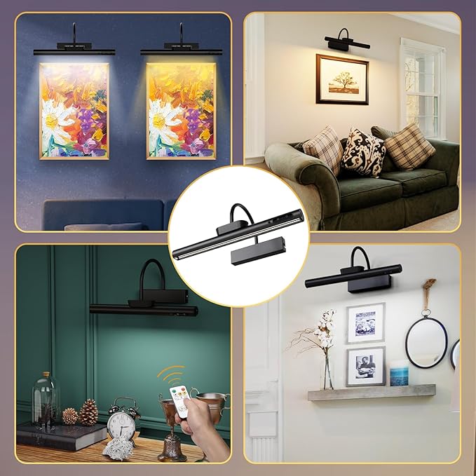 LYTARA Dimmable Cordless Picture Light with Controller and Timer, Rechargeable Battery Wall Sconce for Wall Pictures, Gallery Artwork, Paintings, Portraits, Dartboards (Black)