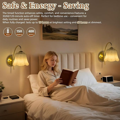 Wireless Wall Sconce with Flower lampshade, Battery Operated Wall Lights,Wall lamp with 15 Colors for Bedroom Living Room Home Decor (White Flower, 2 Light Battery Operated)