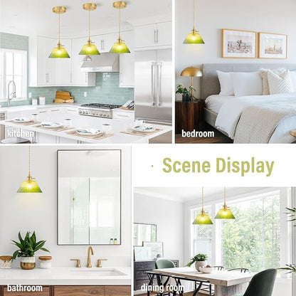 Vintage Pendant Lights Kitchen Island 3 Pack, Adjustable Brass Pendant Light Fixtures with Gradient Green Glass Shade, Gold Kitchen Pendant Lighting Over Island, Pendant Light for Dining Room Hallway