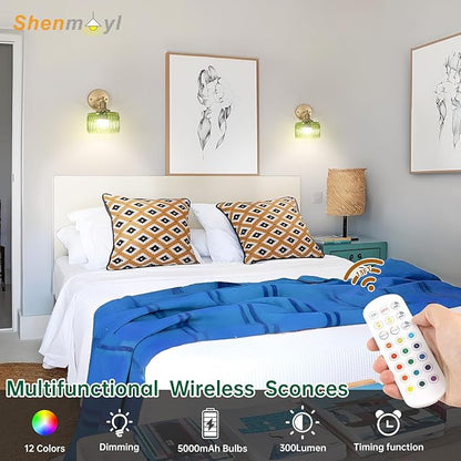 Shenmoyl Vintage Battery Operated Wall Sconce with Green Striped Glass Lampshade 5000 mAh Rechargeable Battery Powered Wall Light with Remote Control for Bedside Bedroom Doorway