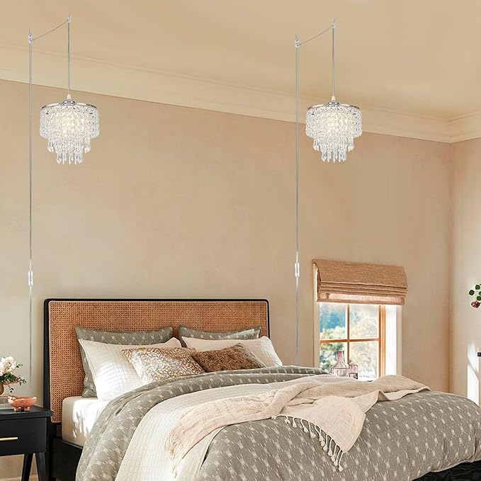 8" Hanging Lamp Plug in Chandelier Hanging Lights with Plug in Cord Pendant Light Plug in with 16.4ft Cord for Bedroom Kitchen Island Hallway Bathroom Closet (Chrome)