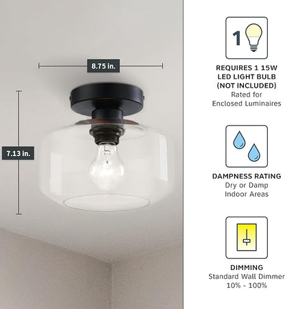 Designers Fountain Semi Flush Mount Ceiling Light, 8.75 Inch Clear Glass Lighting Fixture for Kitchen, Bedroom, Bathroom, and Hallway, Matte Black, D335M-SF-MB