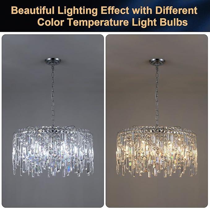 A AXILIXI Crystal Chandelier, 24" Modern Round Chandelier for Dining Room, K9 Large 8-Light Crystal Pendant Fixtures Raindrop Luxury Pendant Ceiling Light Chrome for Entryway Foyer Staircase