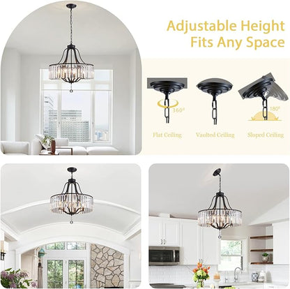 Black Crystal Chandelier 6-Light Modern Farmhouse Dining Room Light Fixtures Over Table Round Large Hanging Light for Living Room Kitchen Hallway Bedroom Foyer 21.7 Inch