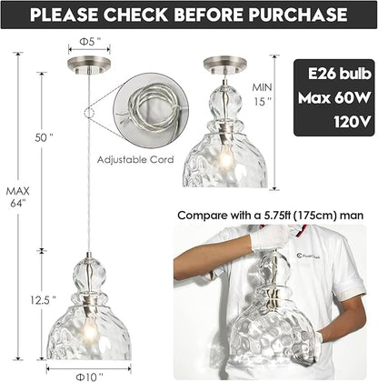 Brushed Nickel Pendant Light for Kitchen Island Hammered Glass Pendant Island Light 10inch Modern Glass Pendant Lights for Kitchen Sink Dining Room Hallway Entrance
