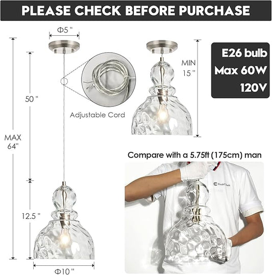 Brushed Nickel Pendant Light for Kitchen Island Hammered Glass Pendant Island Light 10inch Modern Glass Pendant Lights for Kitchen Sink Dining Room Hallway Entrance