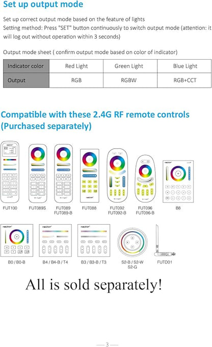 LGIDTECH E3-RF Miboxer 3 in 1 LED Strip Light Controller Tool-Free Wiring,Used for RGB & & RGBW & RGB+CCT LED Strip Light DC 12-24V,Smartphone APP & Voice Control via Gateway(Excluded)